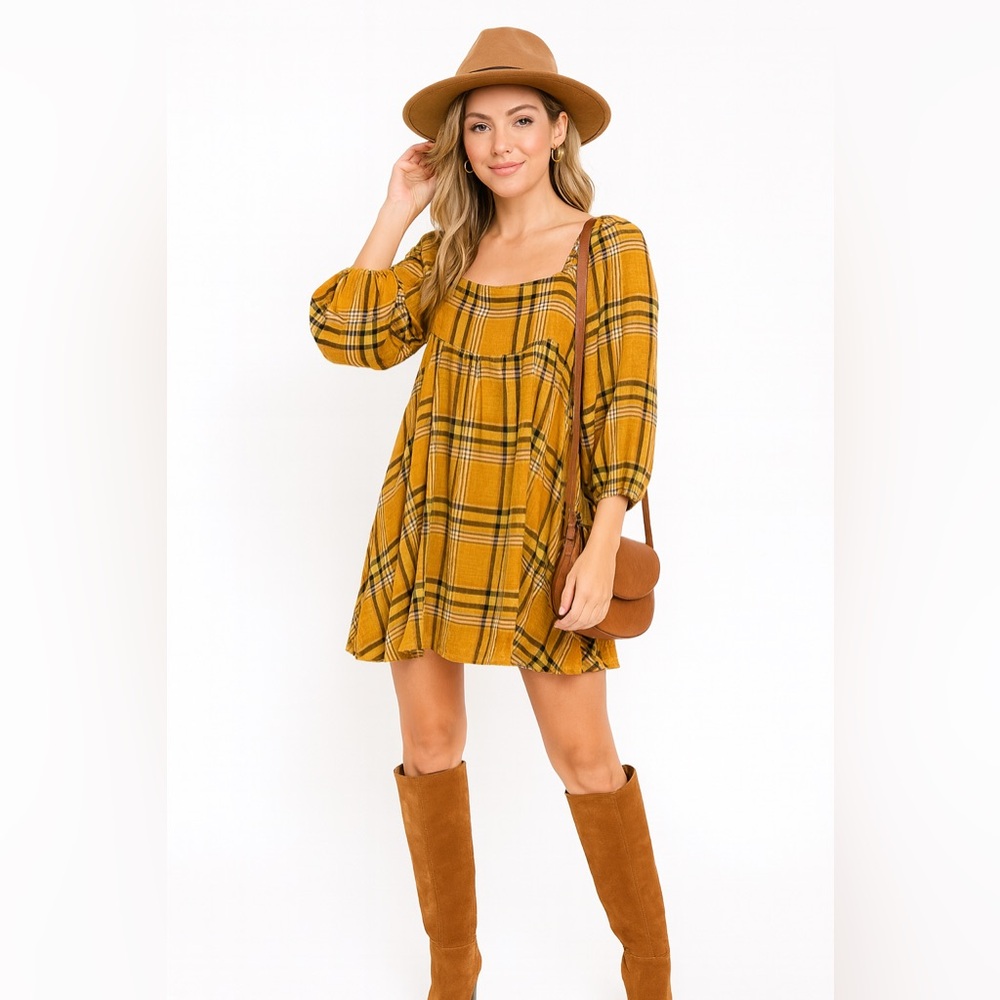 Urban Outfitters Yellow Plaid Long Sleeve Dress